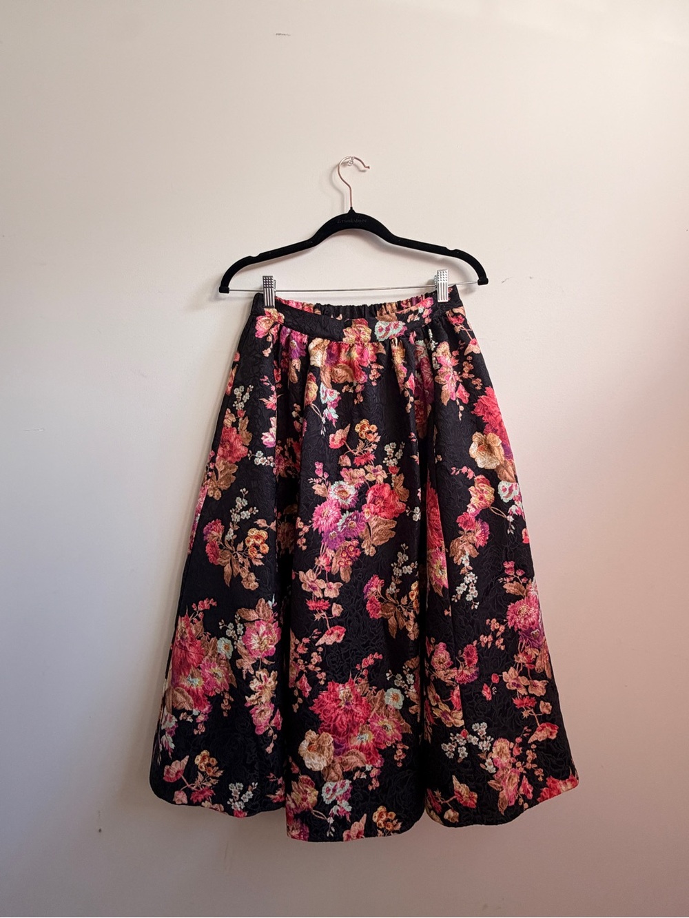 Maeve Black Floral A-Line Midi Skirt with Pink & Gold Blooms